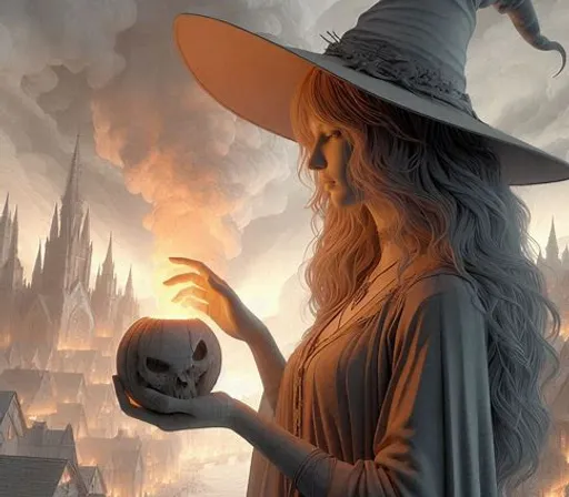 a woman in a witches hat holding a skull