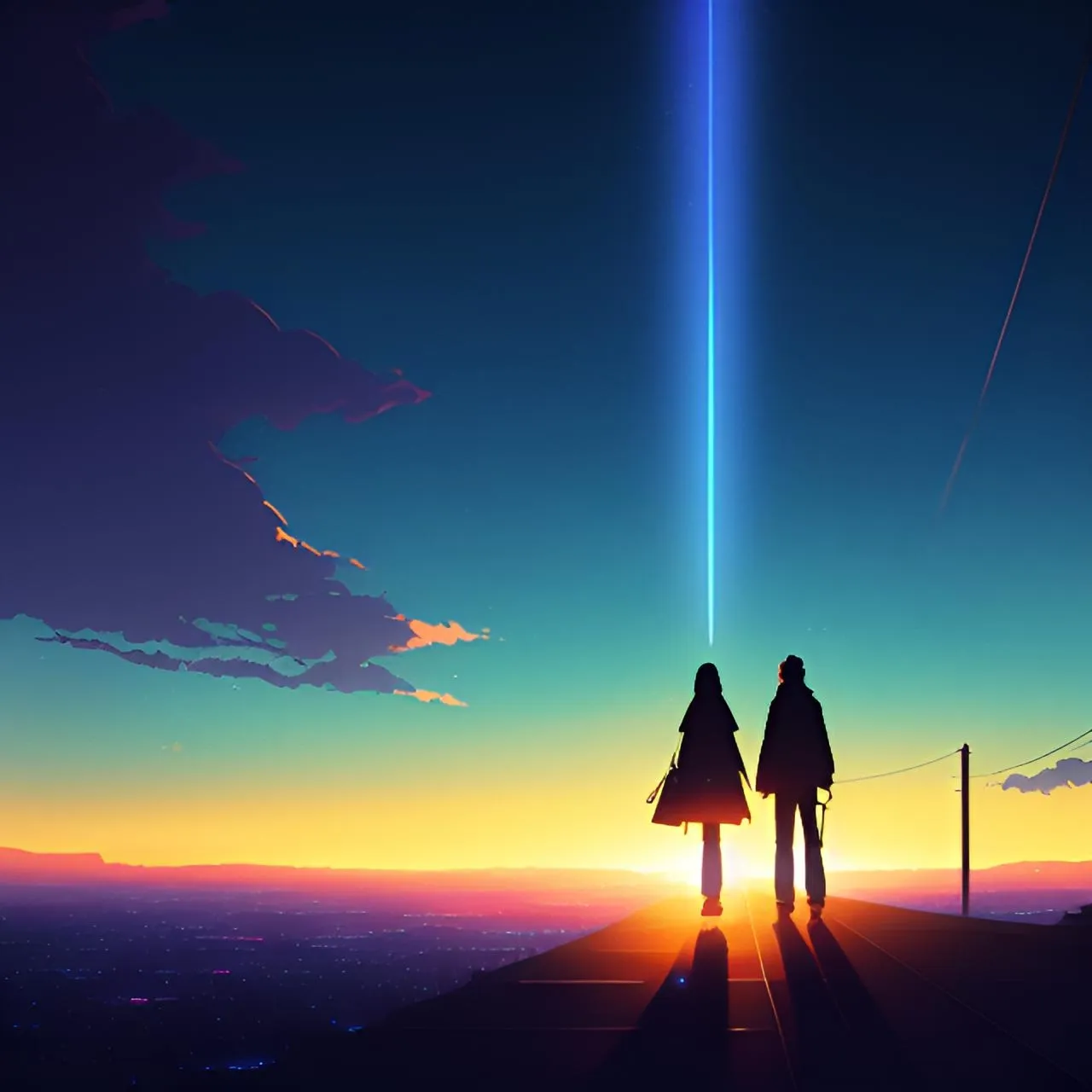 two people standing on top of a hill at sunset