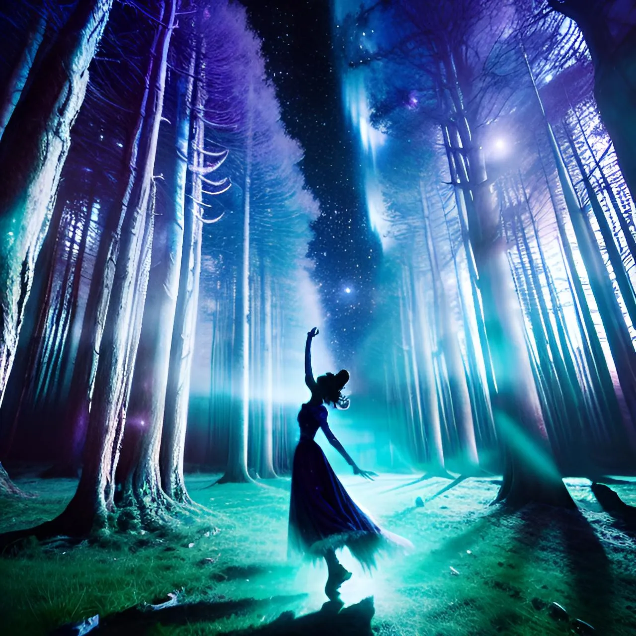 a woman standing in the middle of a forest at night