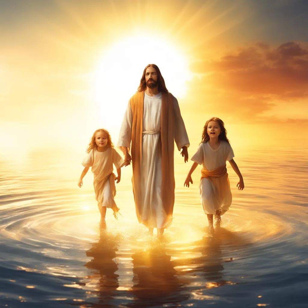 a picture of jesus with two children in the water