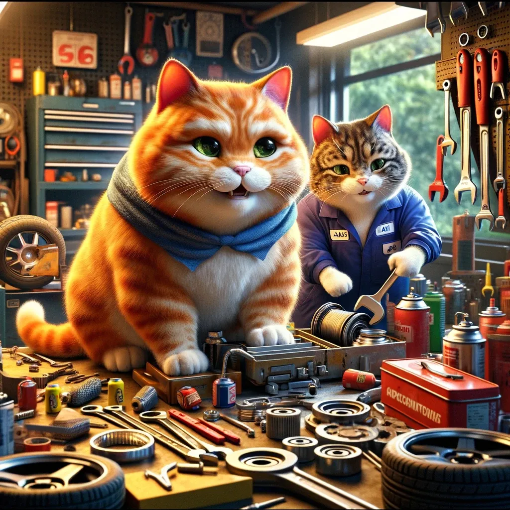 a painting of a cat and a cat mechanic