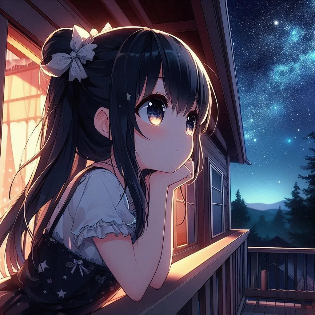 a girl looking out a window at the stars