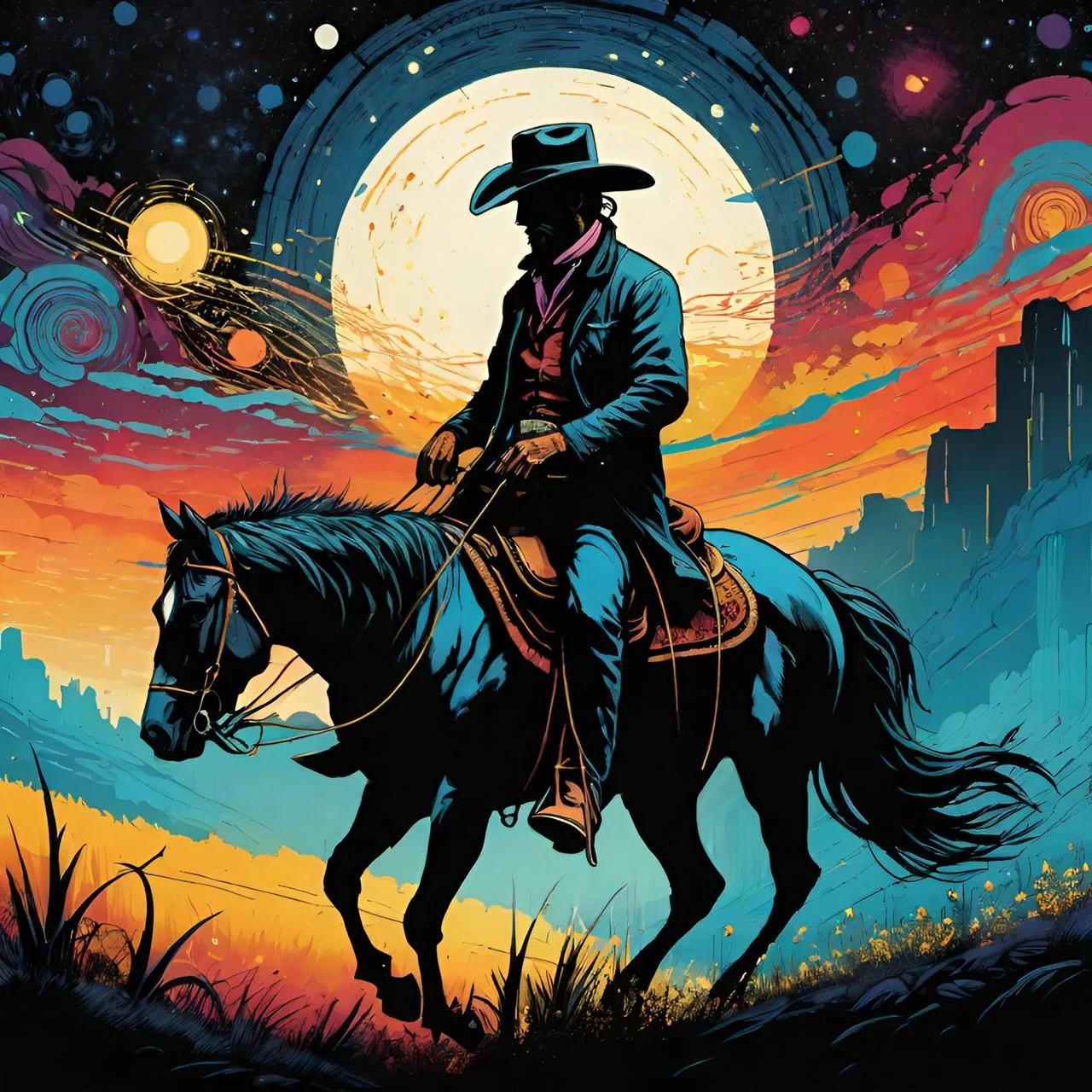 a painting of a cowboy riding a horse