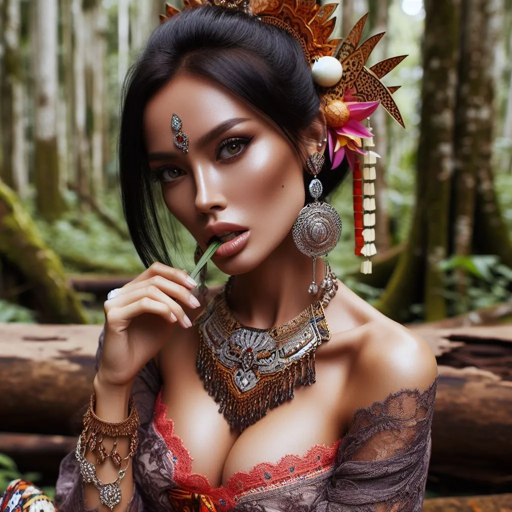 A woman with a flower in her hair surrounded by a vibrant garden oasis