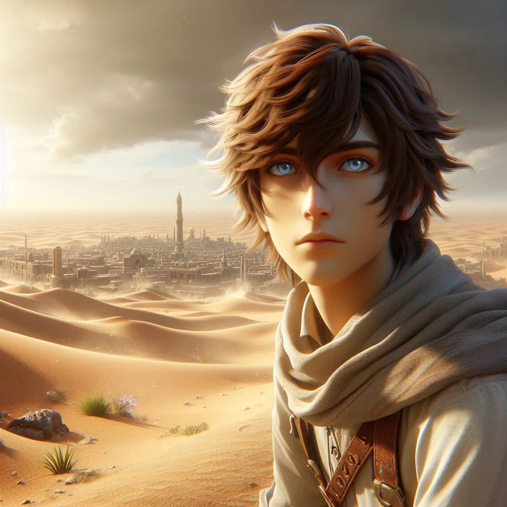 a man in a desert with a city in the background