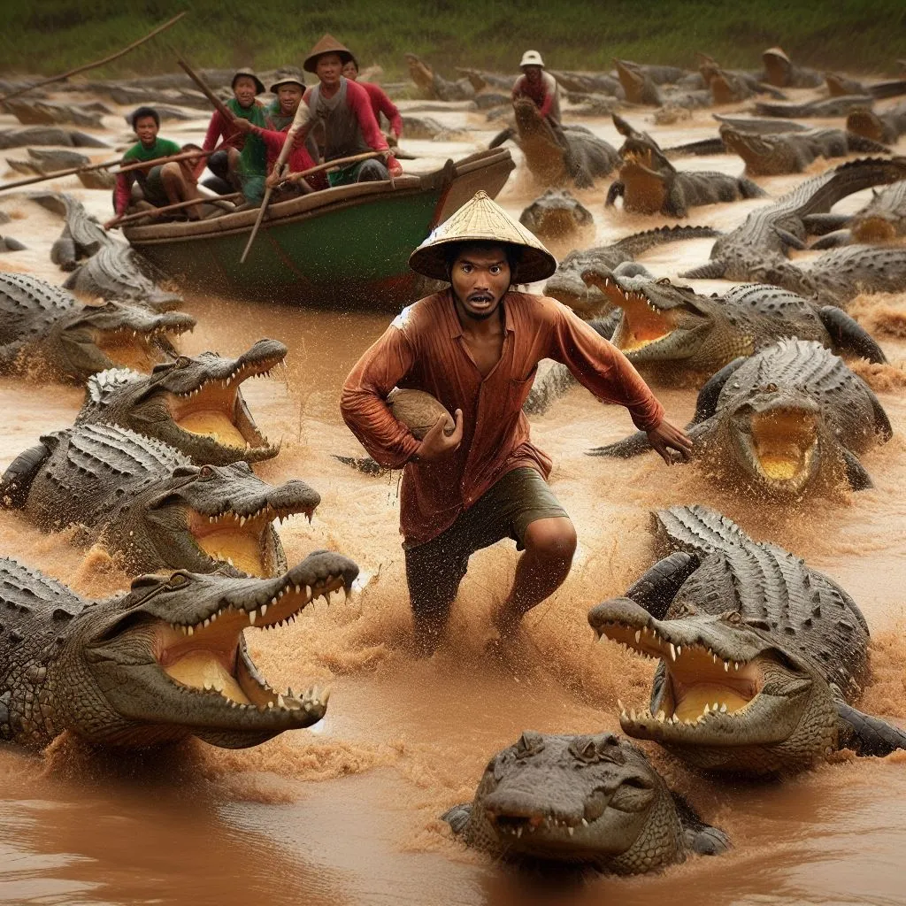 a man in a boat surrounded by alligators