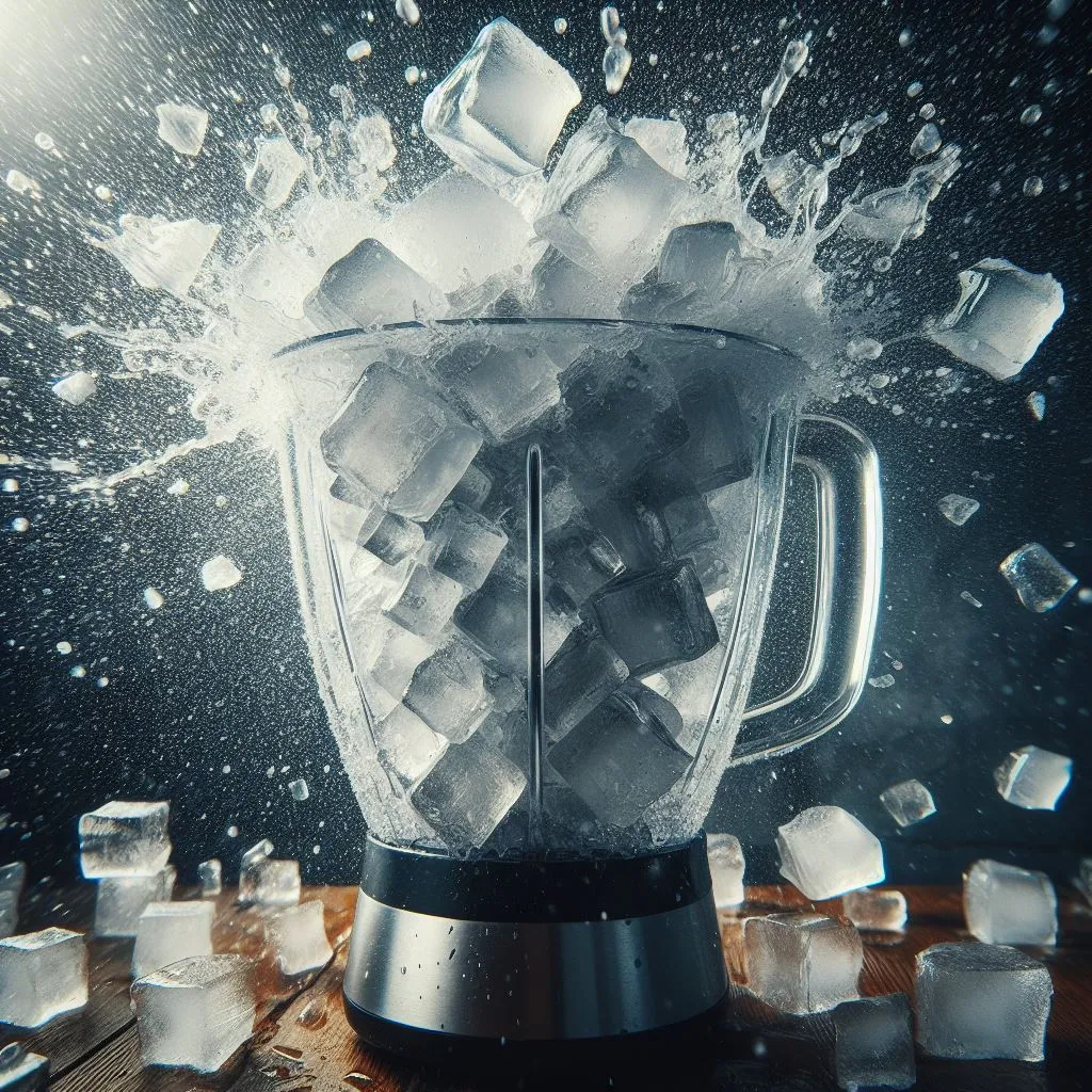 Ice cubes being crushed in a blender, creating a refreshing, fizzy texture.