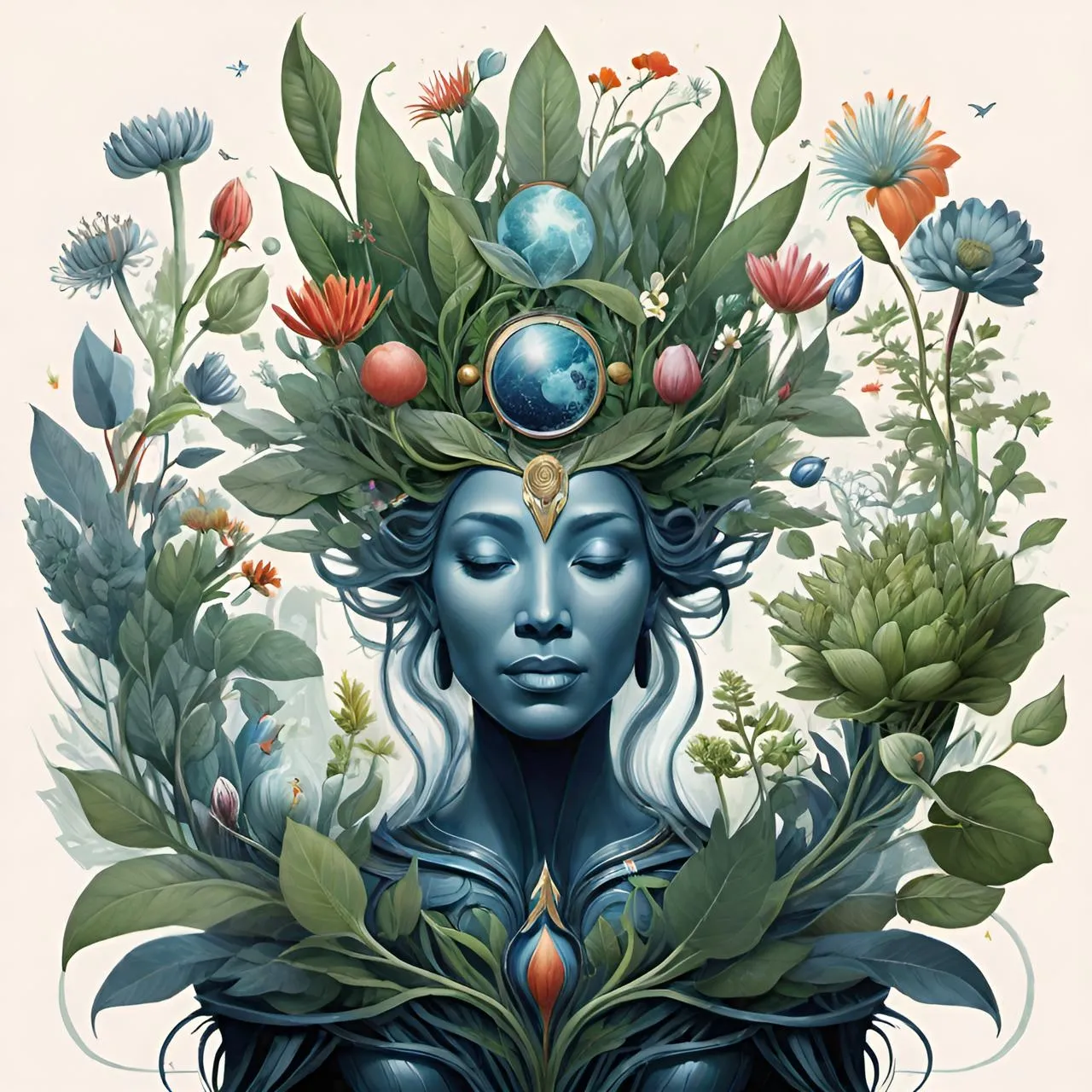 a painting of a woman's face surrounded by plants and flowers