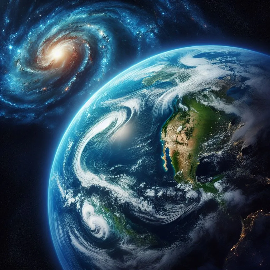 a view of the earth and a spiral galaxy