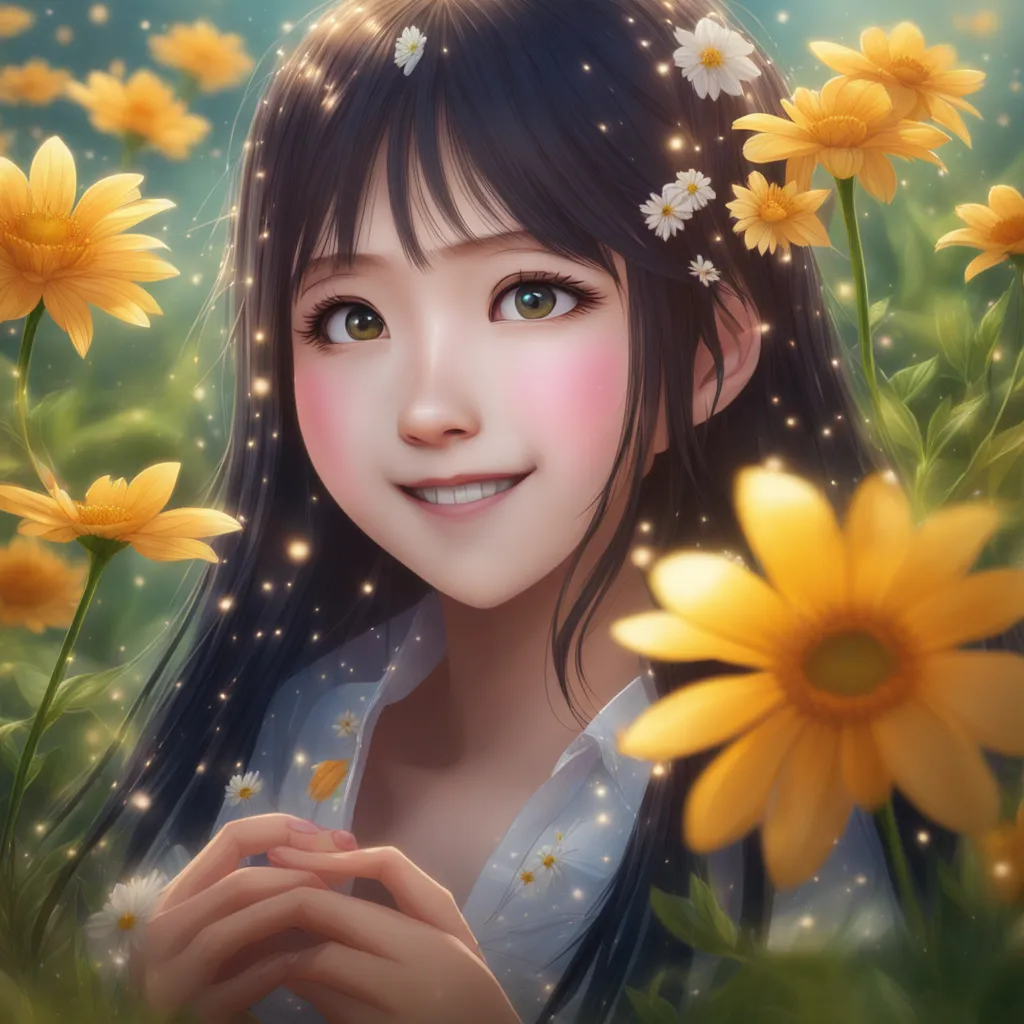 a painting of a girl in a field of flowers