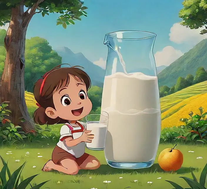 a little girl sitting on the ground next to a glass of milk