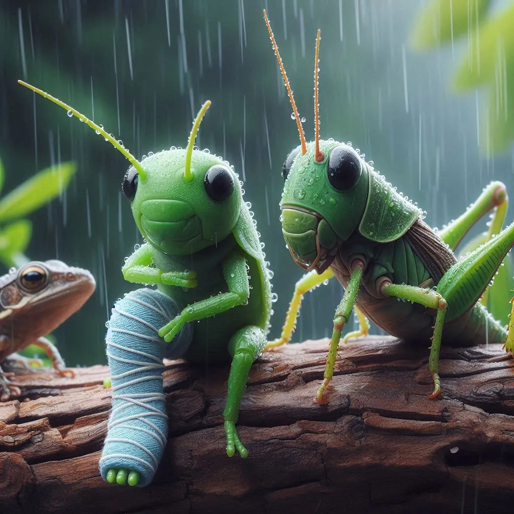 a couple of green bugs sitting on top of a tree branch