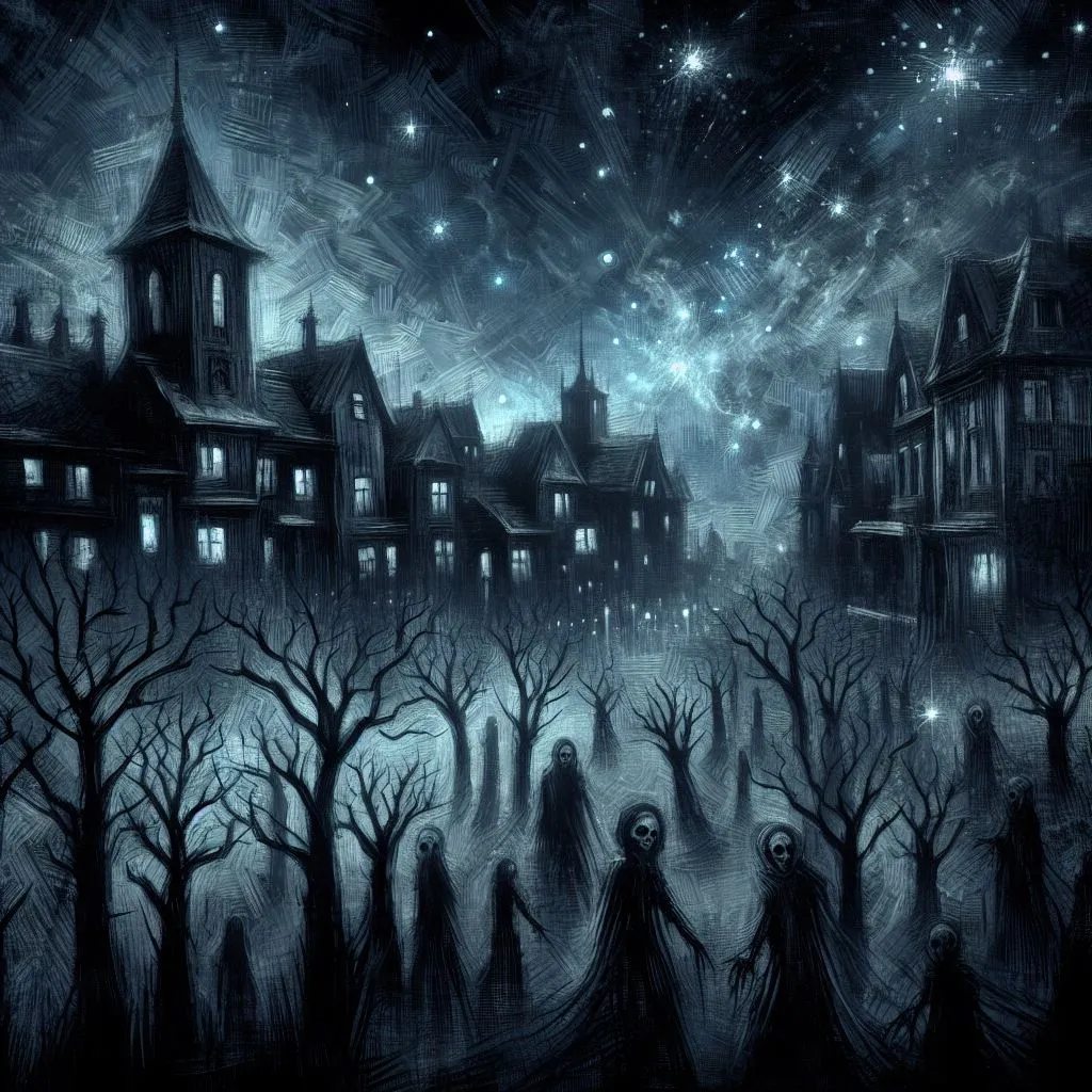 a painting of a creepy town at night