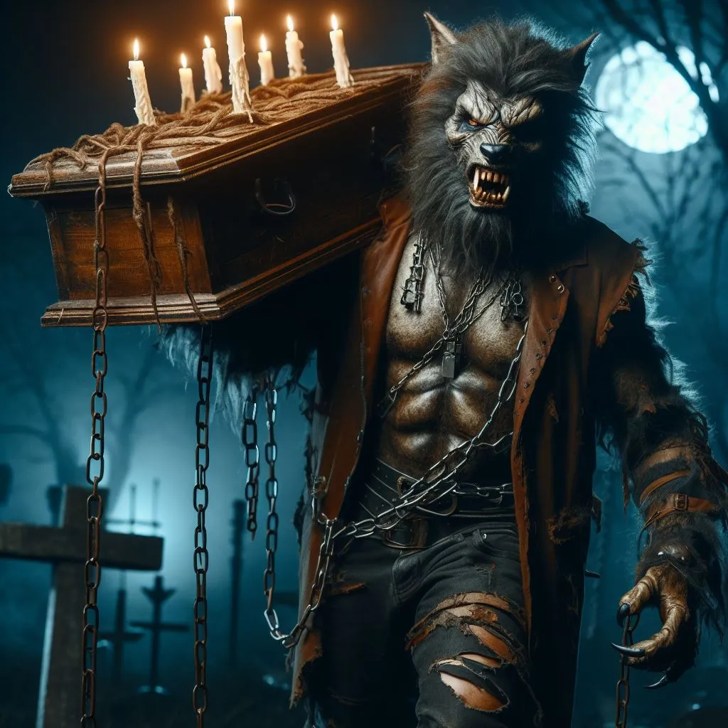 a werewolf holding a casket with candles on it