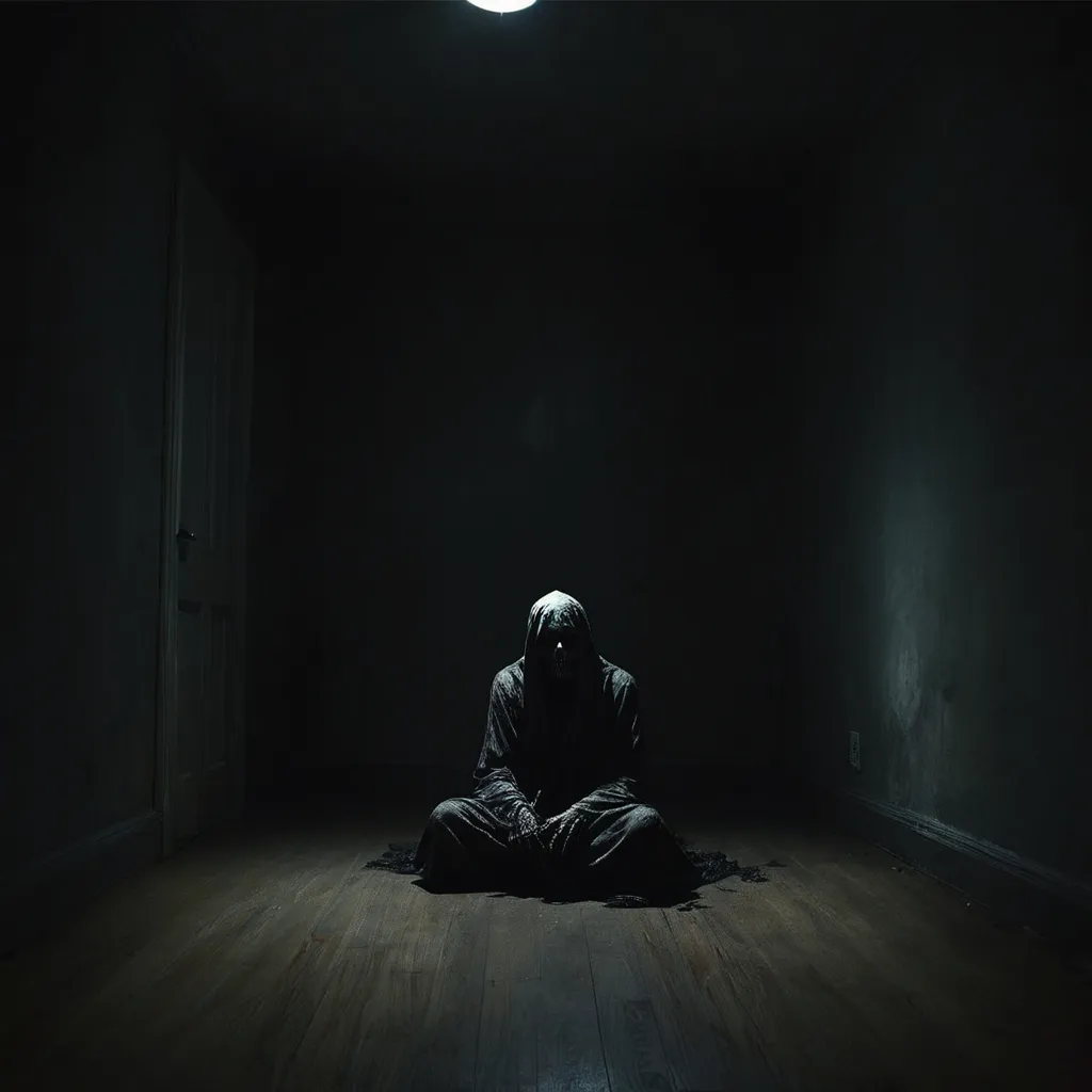 a person sitting on the floor in a dark room