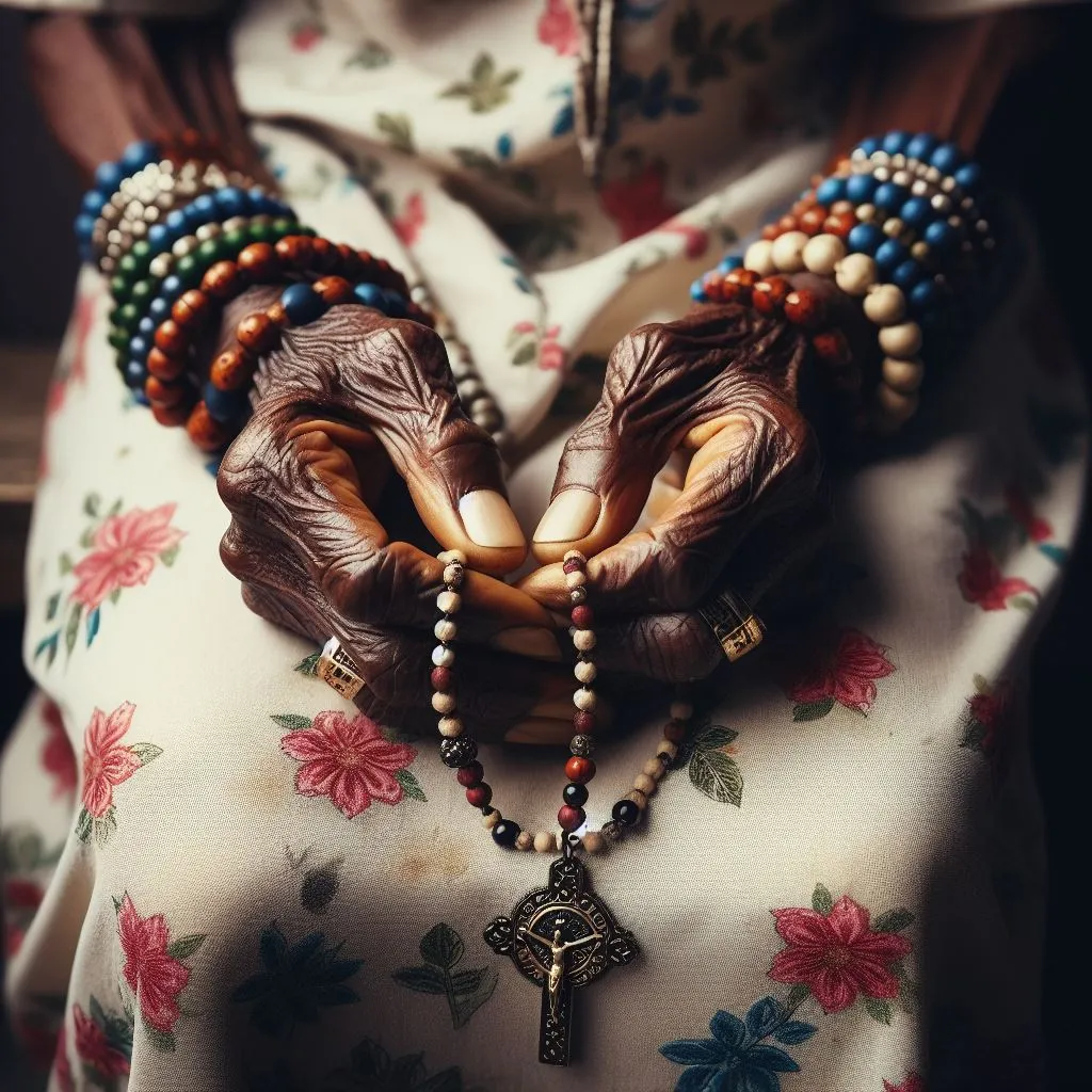 a close up of a person holding a rosary