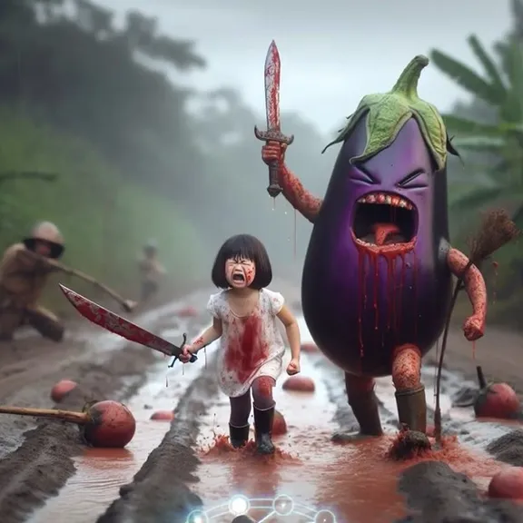 a little girl  with sword in his hand running away from a giant eggplant