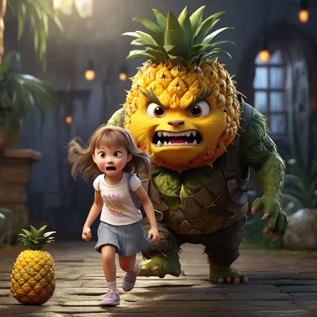 a little girl running away from giant pineapple-monster, high detalization, 4k