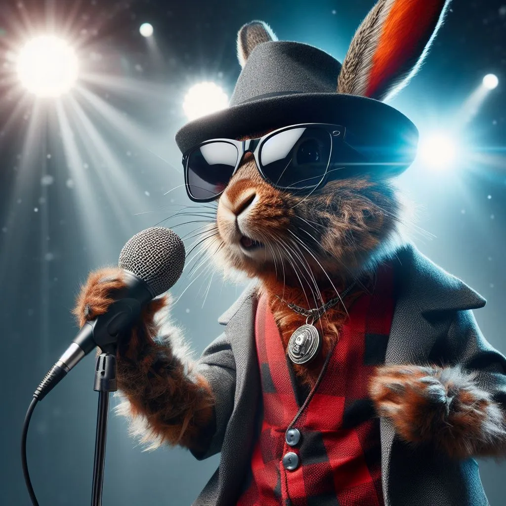 a cat wearing a top hat and sunglasses holding a microphone