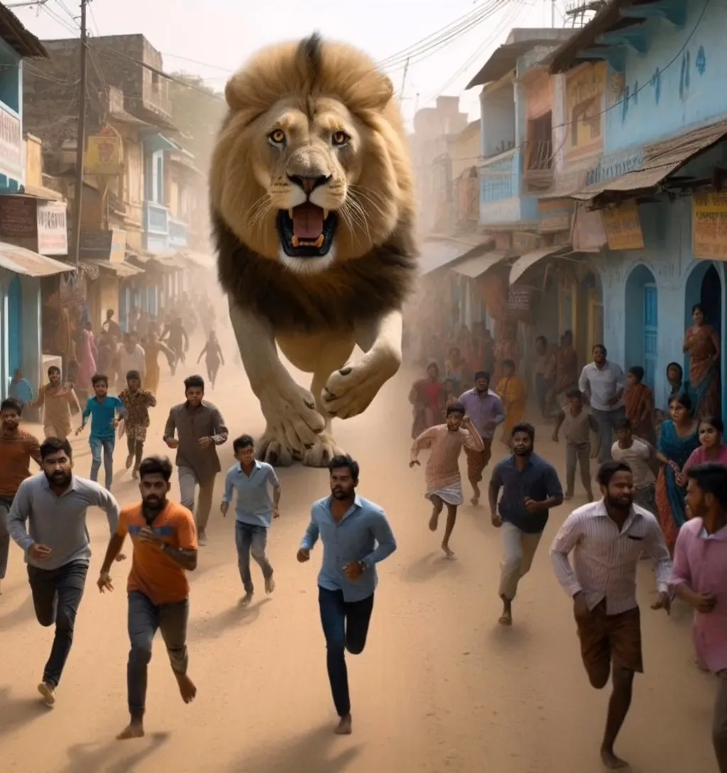 a group of people running away from giant lion