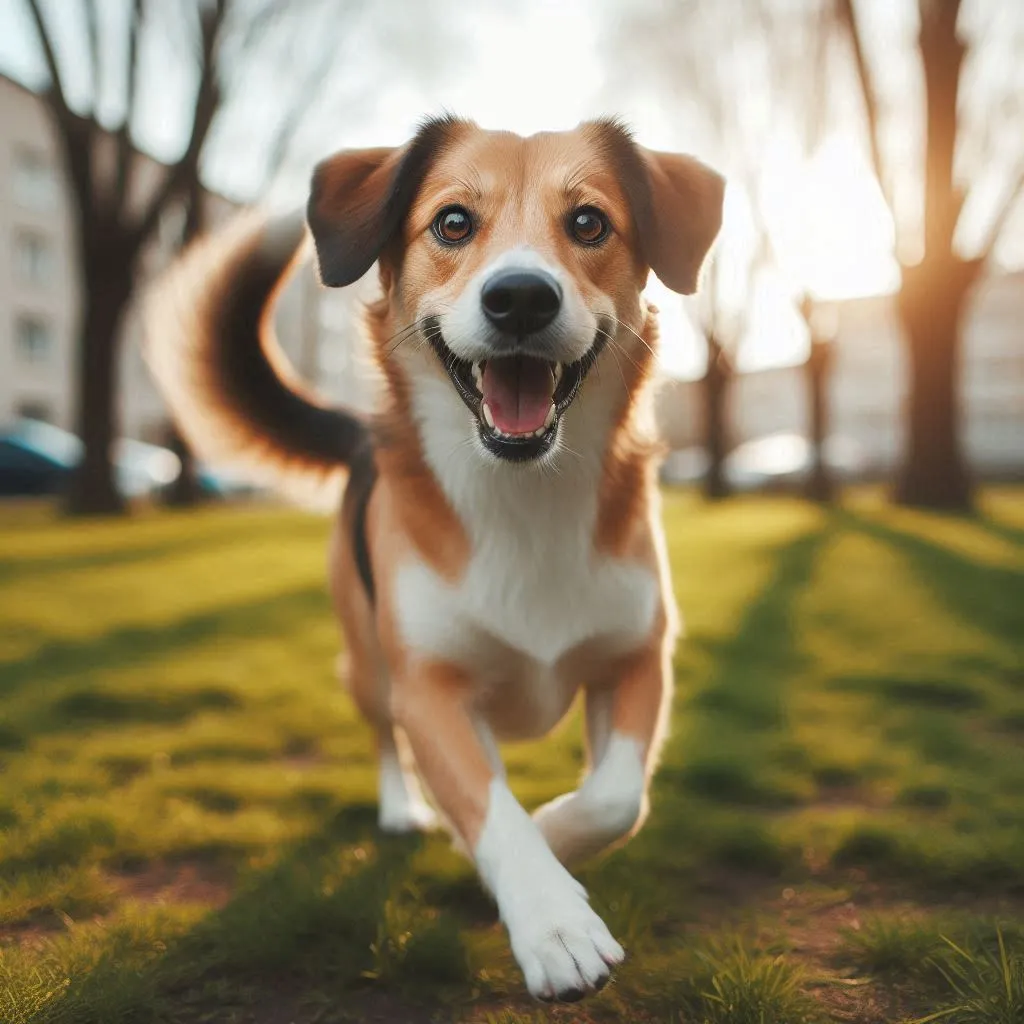 a brown and white dog running across a grass covered field