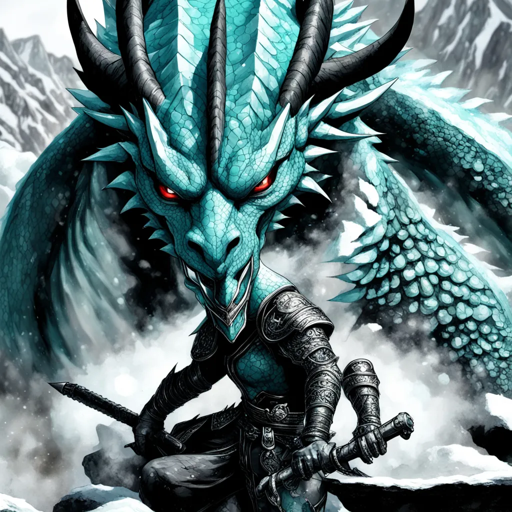 a painting of a blue dragon with red eyes