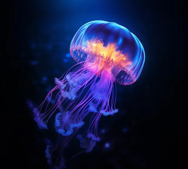 a purple jellyfish floating in the dark water