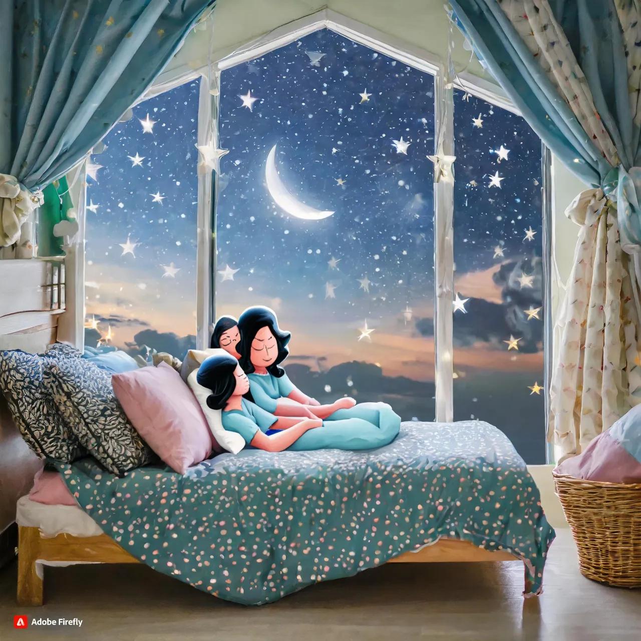 mother with her daughter sleeping on  bed and stars are twinkling