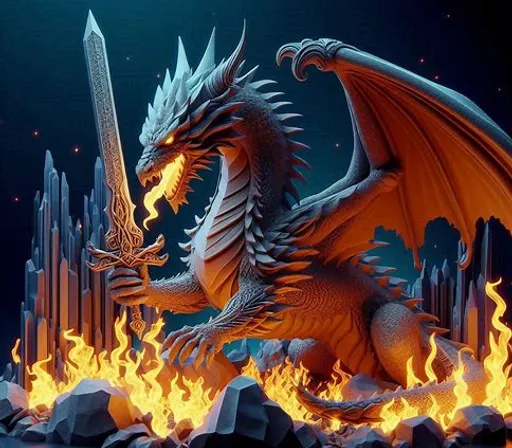 a fire breathing dragon holding a sword in its mouth