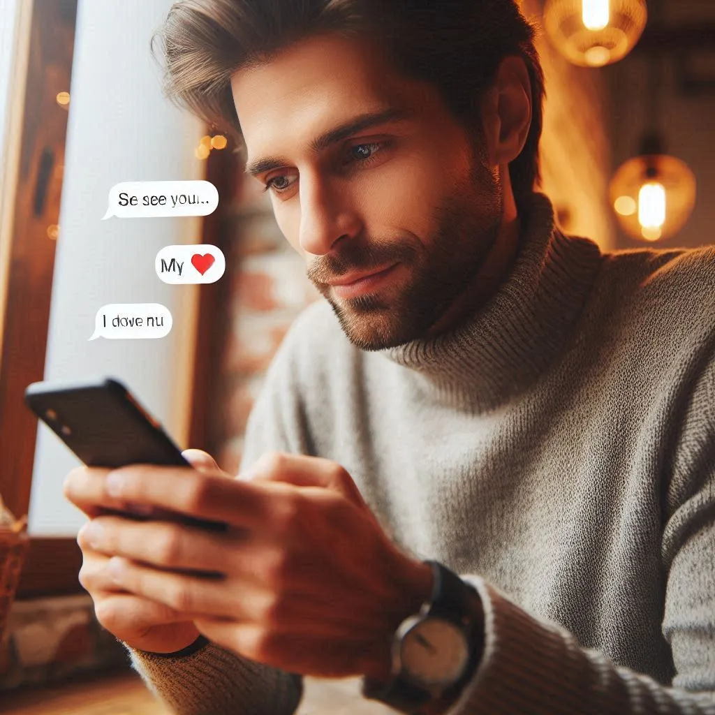 a man looking at his cell phone while sitting at a table