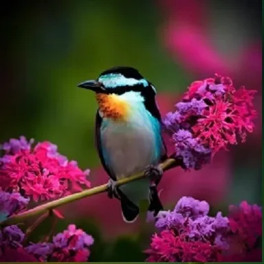 a colorful bird perched on a branch with purple flowers