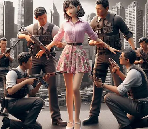 a woman standing in front of a group of people with guns