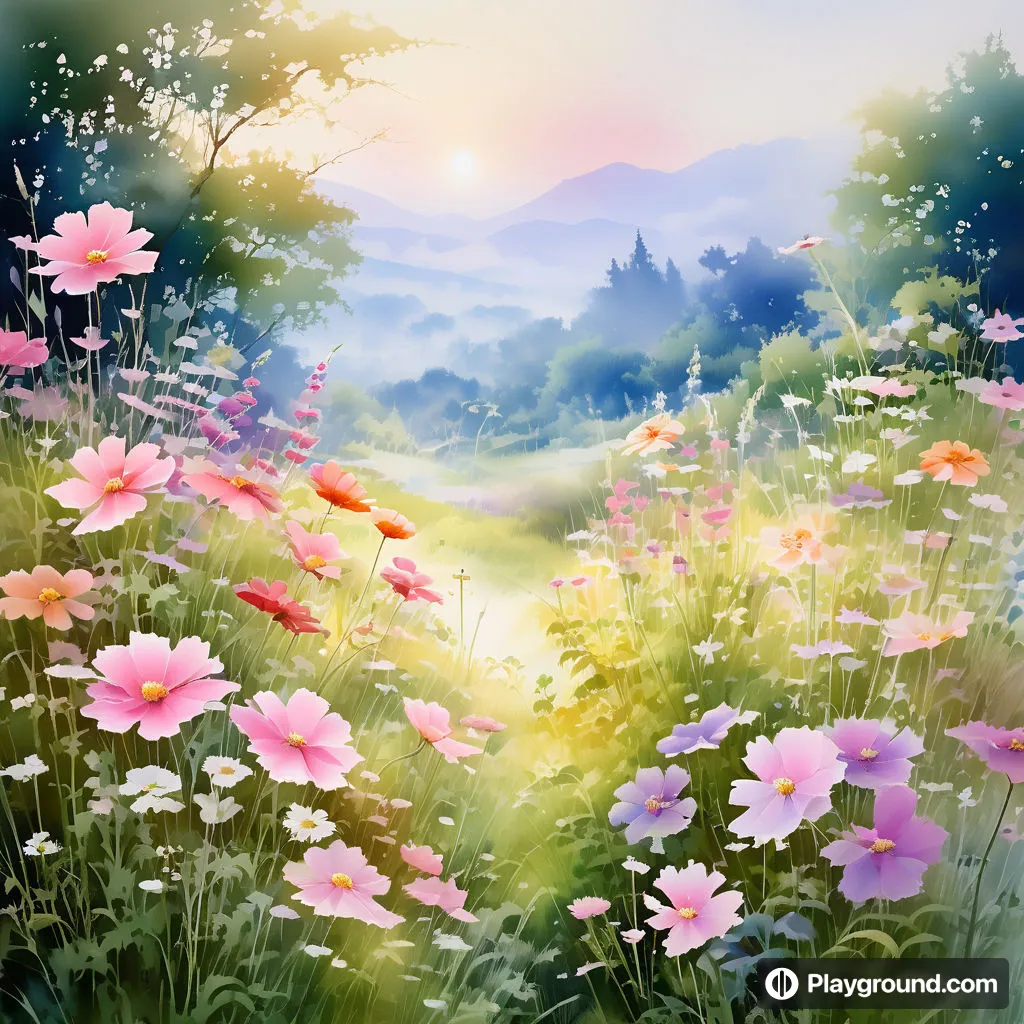 a painting of a field of flowers with the sun in the background