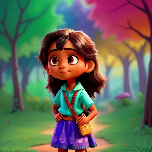 a little girl standing in the middle of a forest