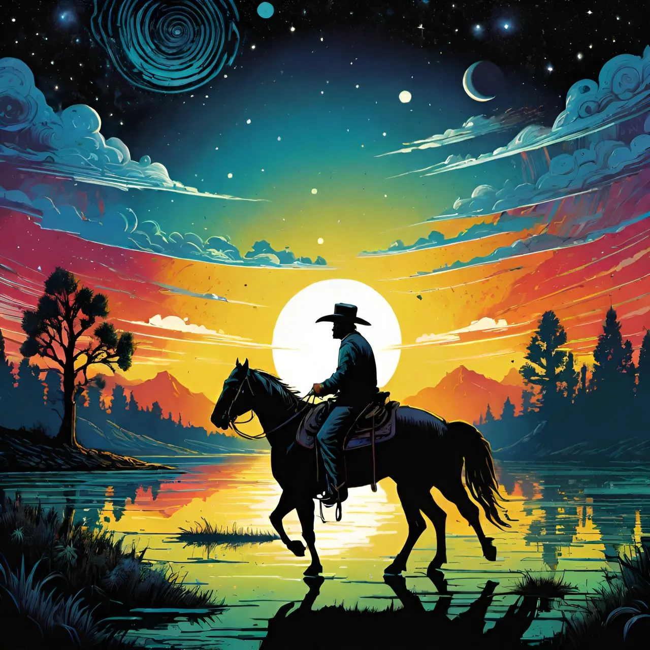 a painting of a cowboy riding a horse at sunset