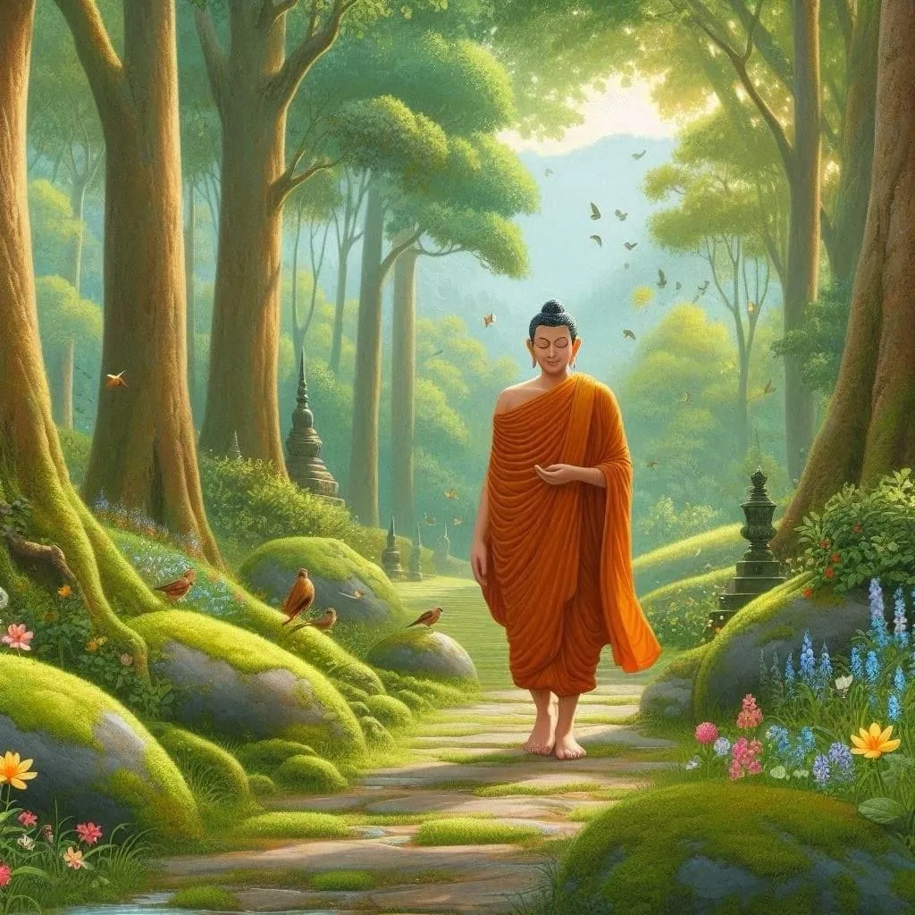 Buddha walking in the forest listening to bird and animals song and then they’re walk around in the forest , advertising style