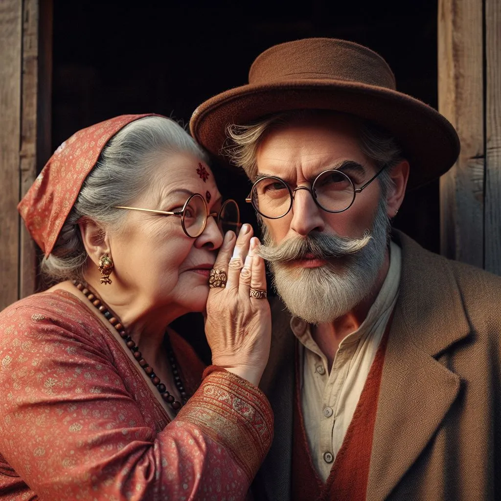 an old woman is talking to an old man 