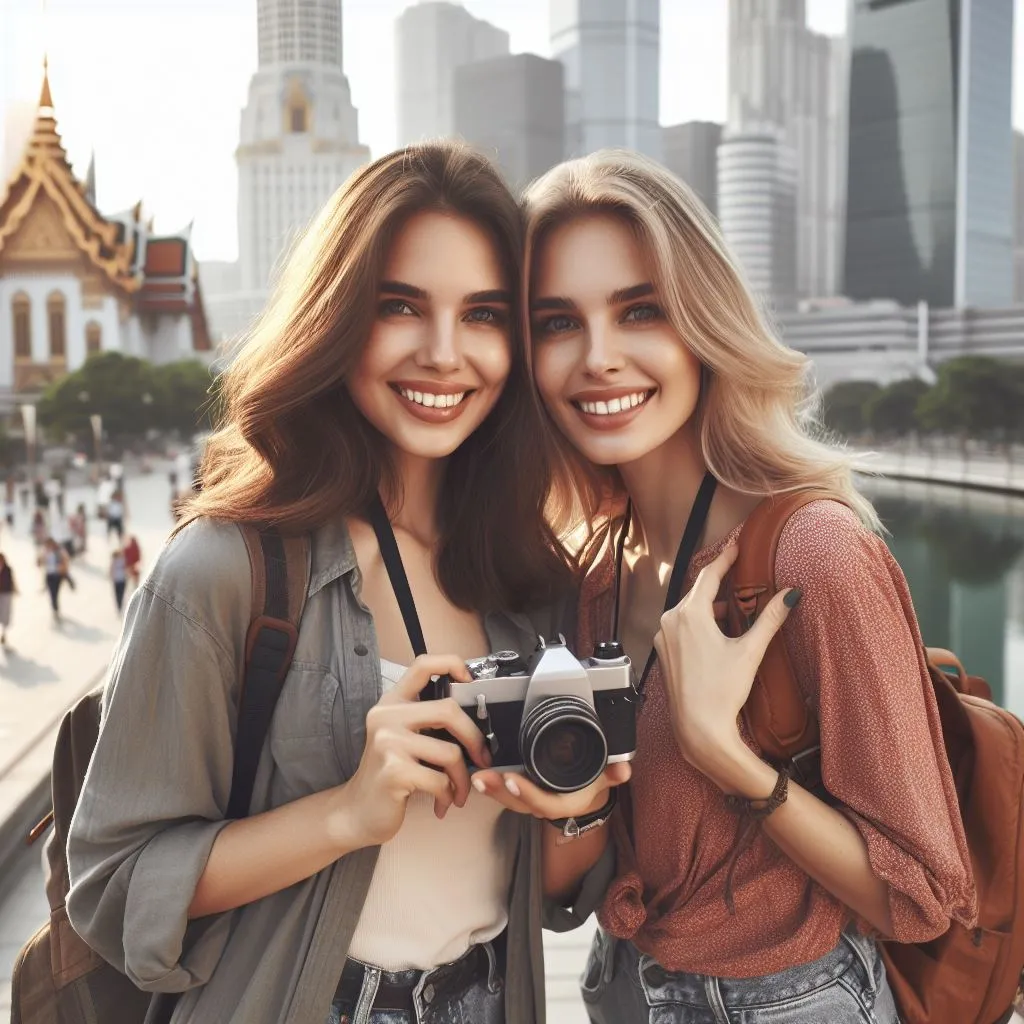 the two women friends explore the city together, visiting iconic places and creating new experiences to share.