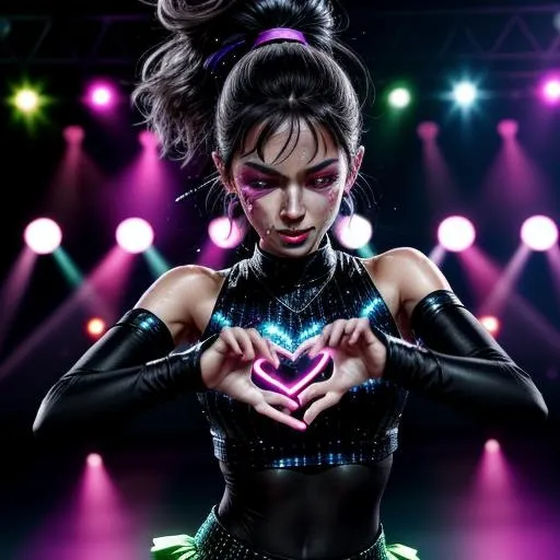 Close-up shots of a dancer’s heart beating rapidly in sync with the music. Sweat glistens on their forehead as they move to the rhythm, their face lit up by flashing lights. The camera pans out to show the entire dance floor pulsing with energy.Characters: Main dancer, background dancers.Objects: Strobe lights, heart rate monitor (visual effect), dance floor.