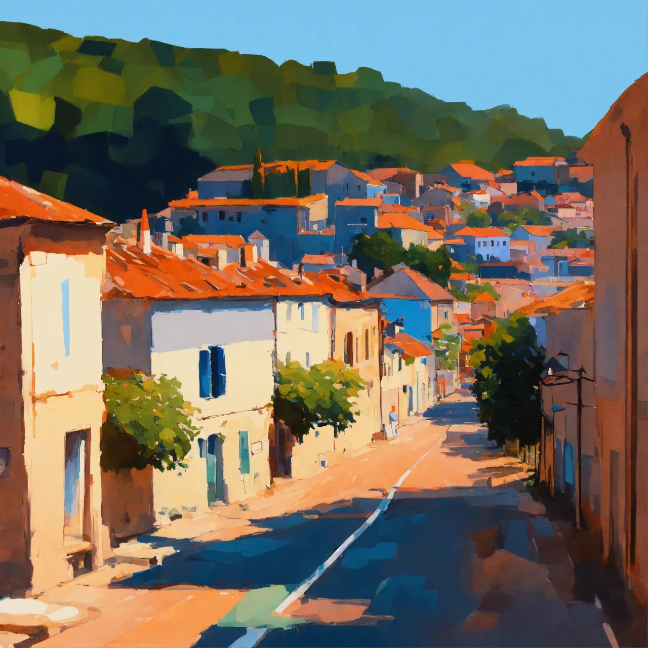 a painting of a street in a small town