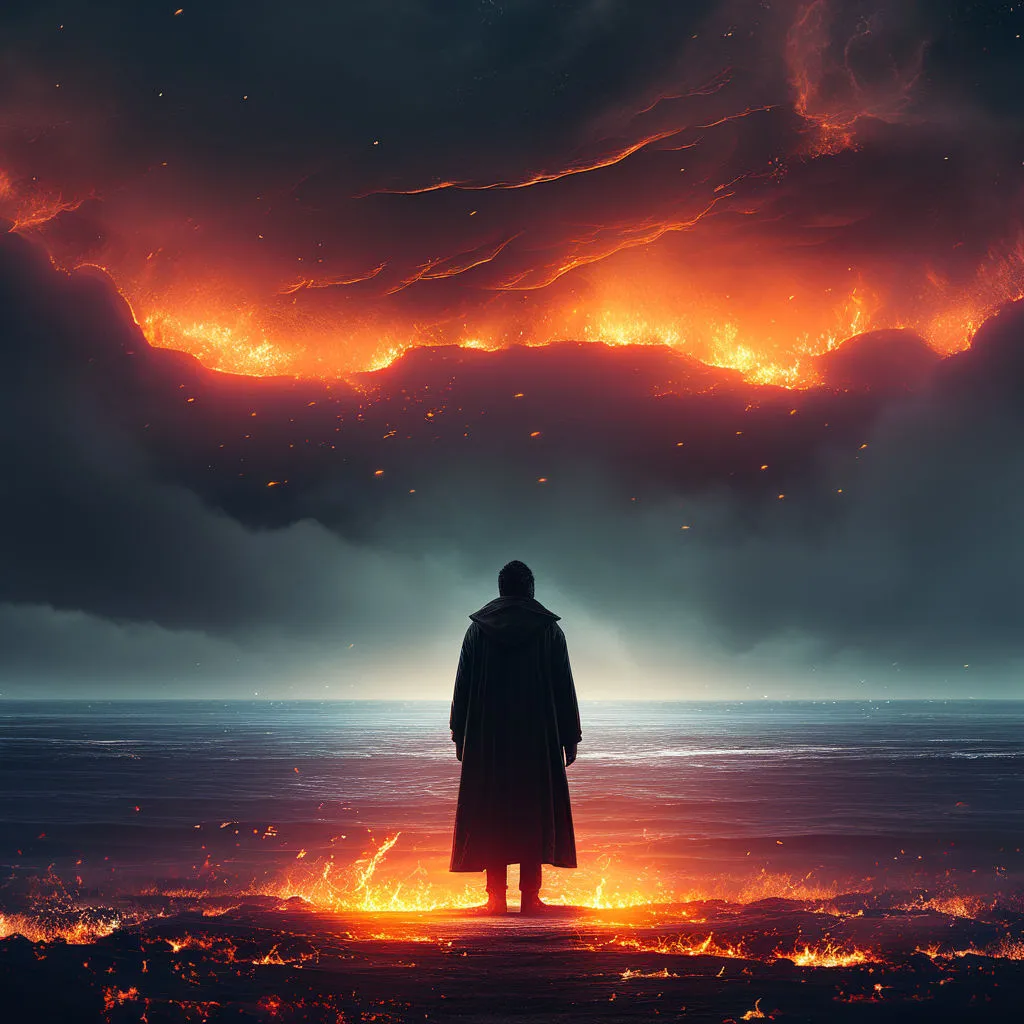 a man standing in front of a fire filled sky