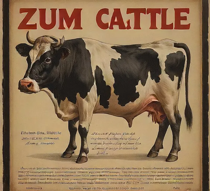 a picture of a black and white cow with horns word zum cattle on the wall