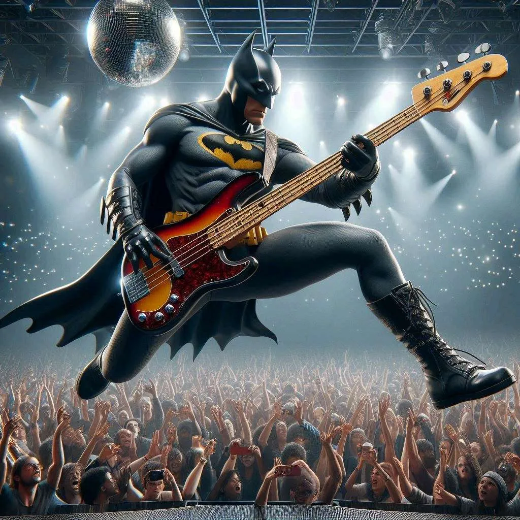 batman playing the guitar at a fast rate while dancing to the rhythm. the crowd is jumping up and down. quick camera pan out., advertising style