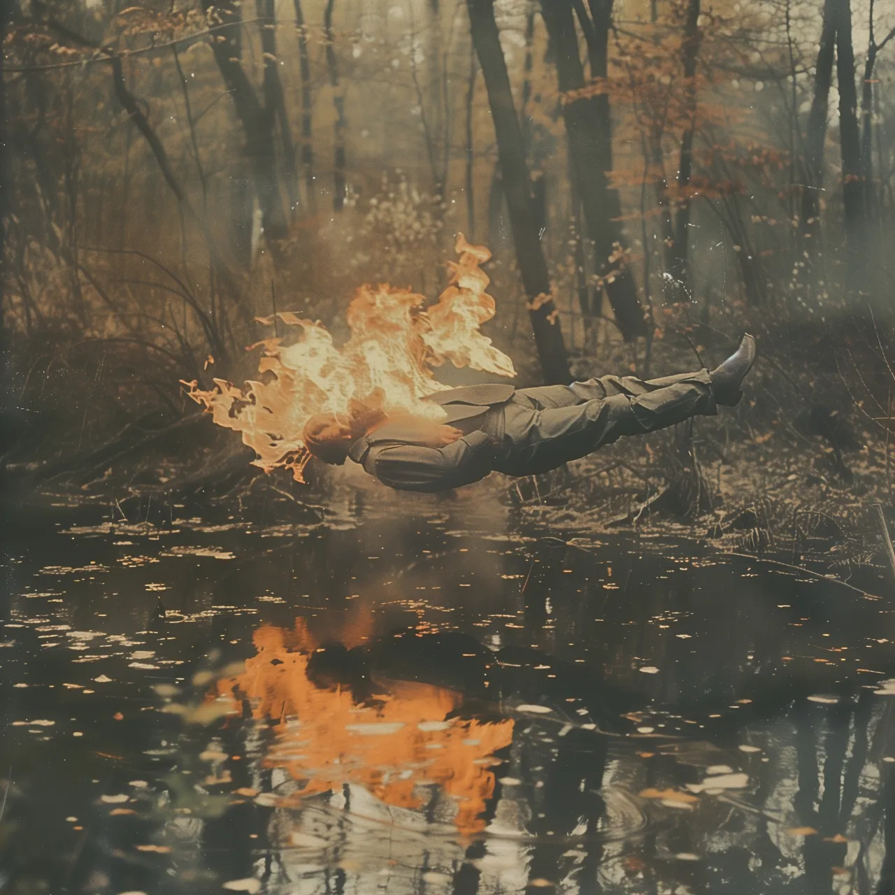 a burning body folating on water with a fire in the background