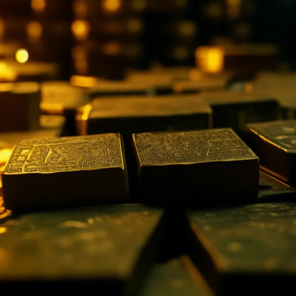 a close up of some gold bars with candles in the background