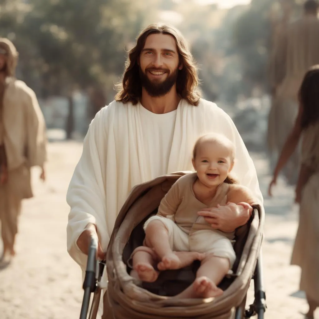 a man in a white robe holding a baby in a stroller