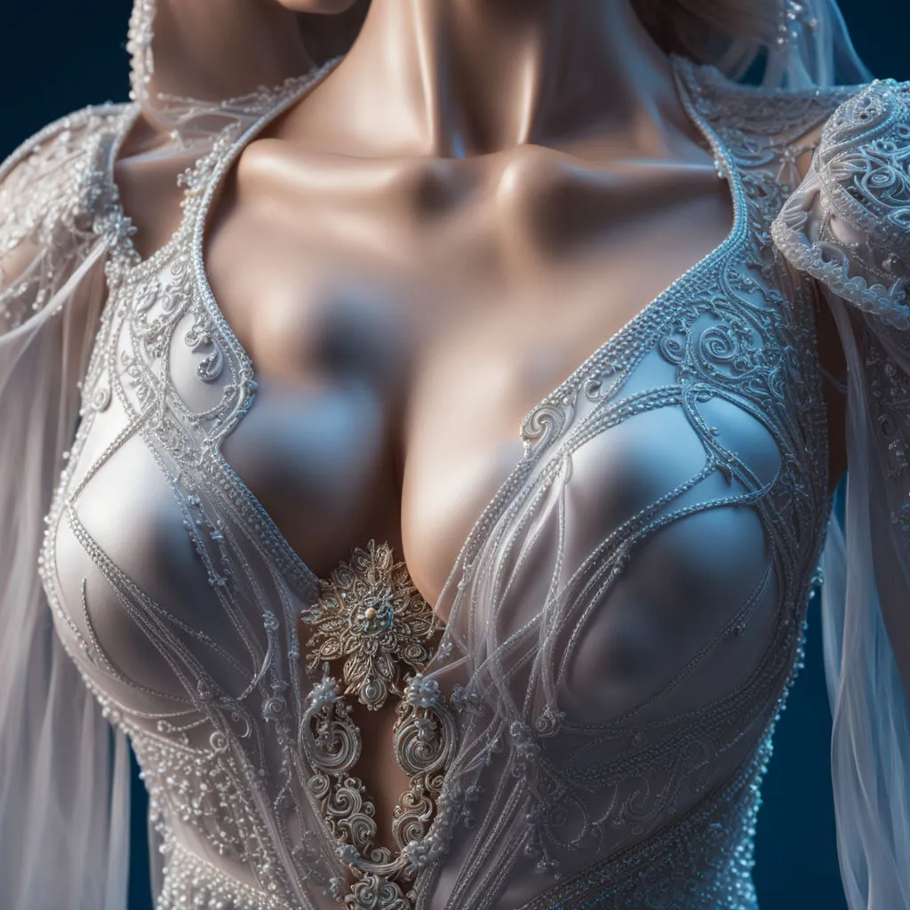 a mannequin wearing a white dress with sheer sleeves