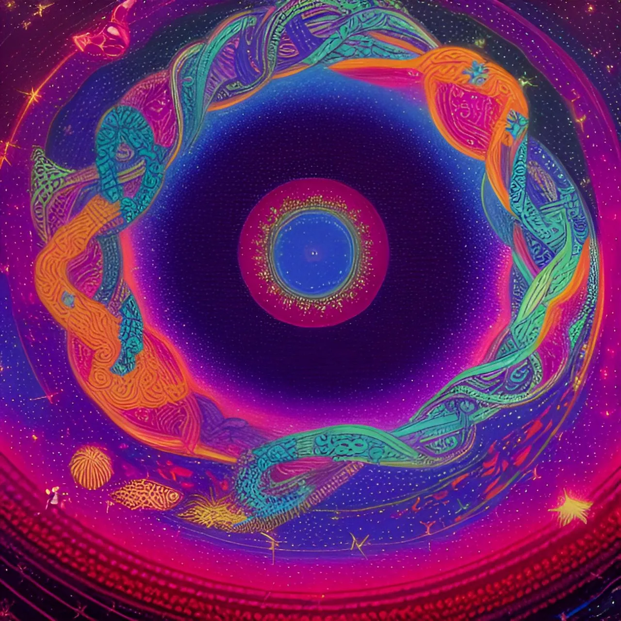 a painting of a colorful circle with stars