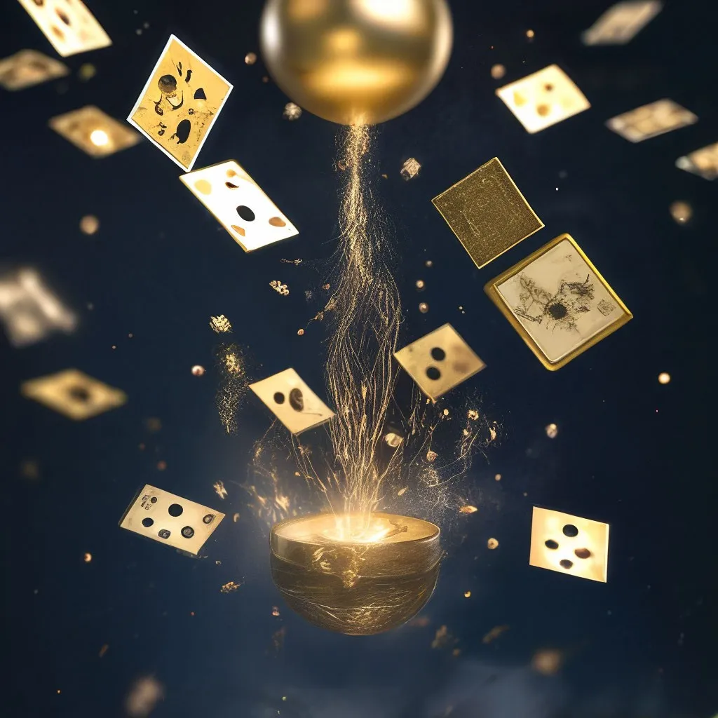 a golden bowl with dice flying out of it