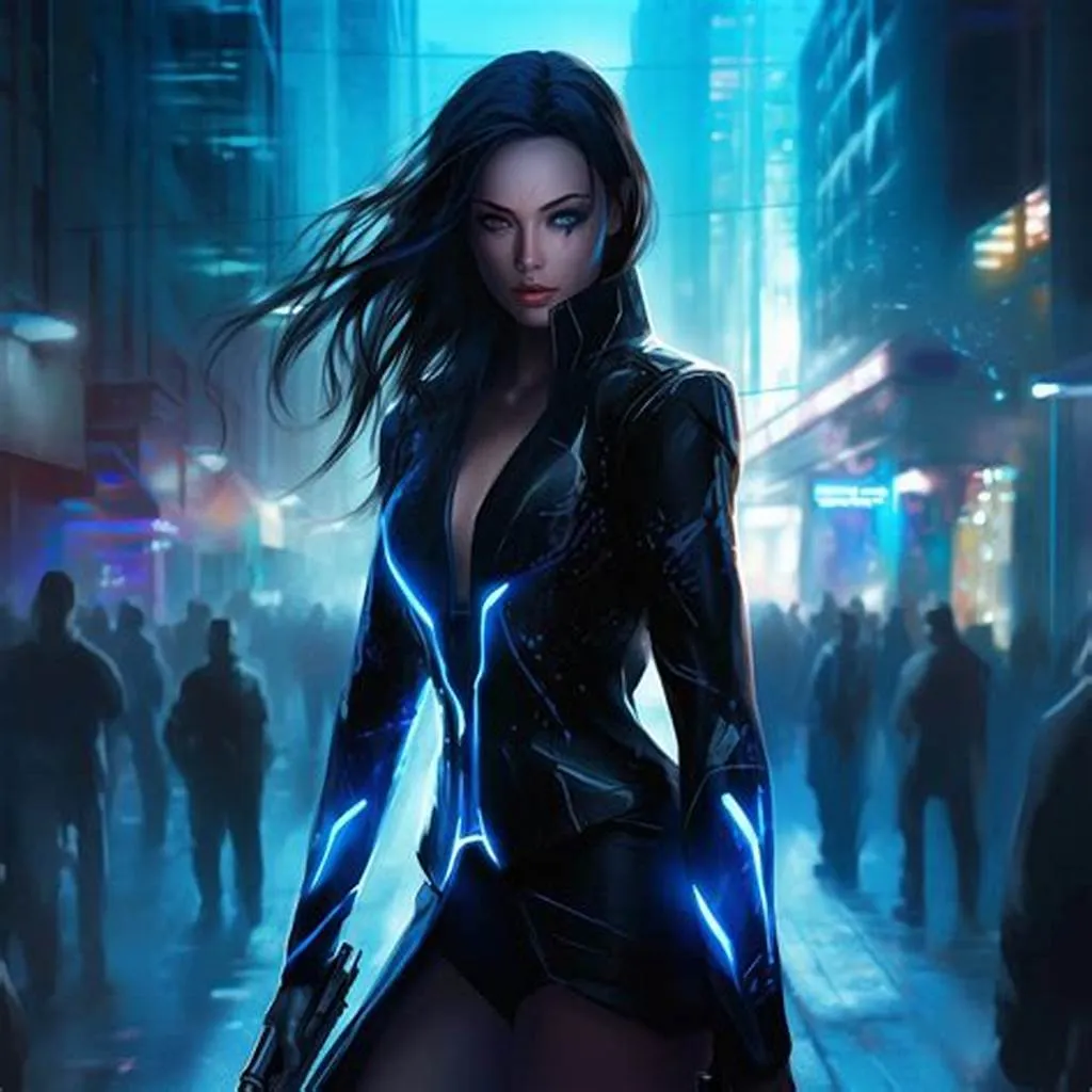 a woman in a futuristic suit standing on a city street